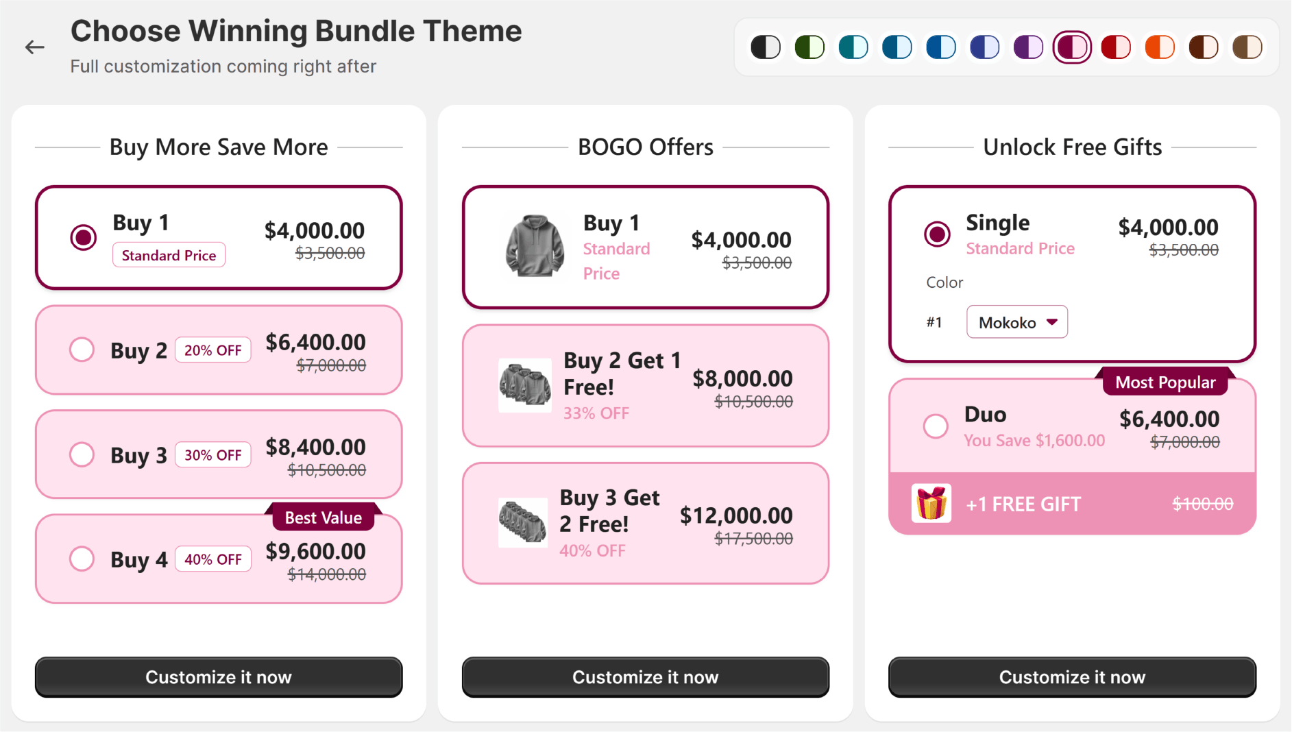 Choose winning bundle theme — Buy More Save More, BOGO Offers, and Unlock Free Gifts widget themes