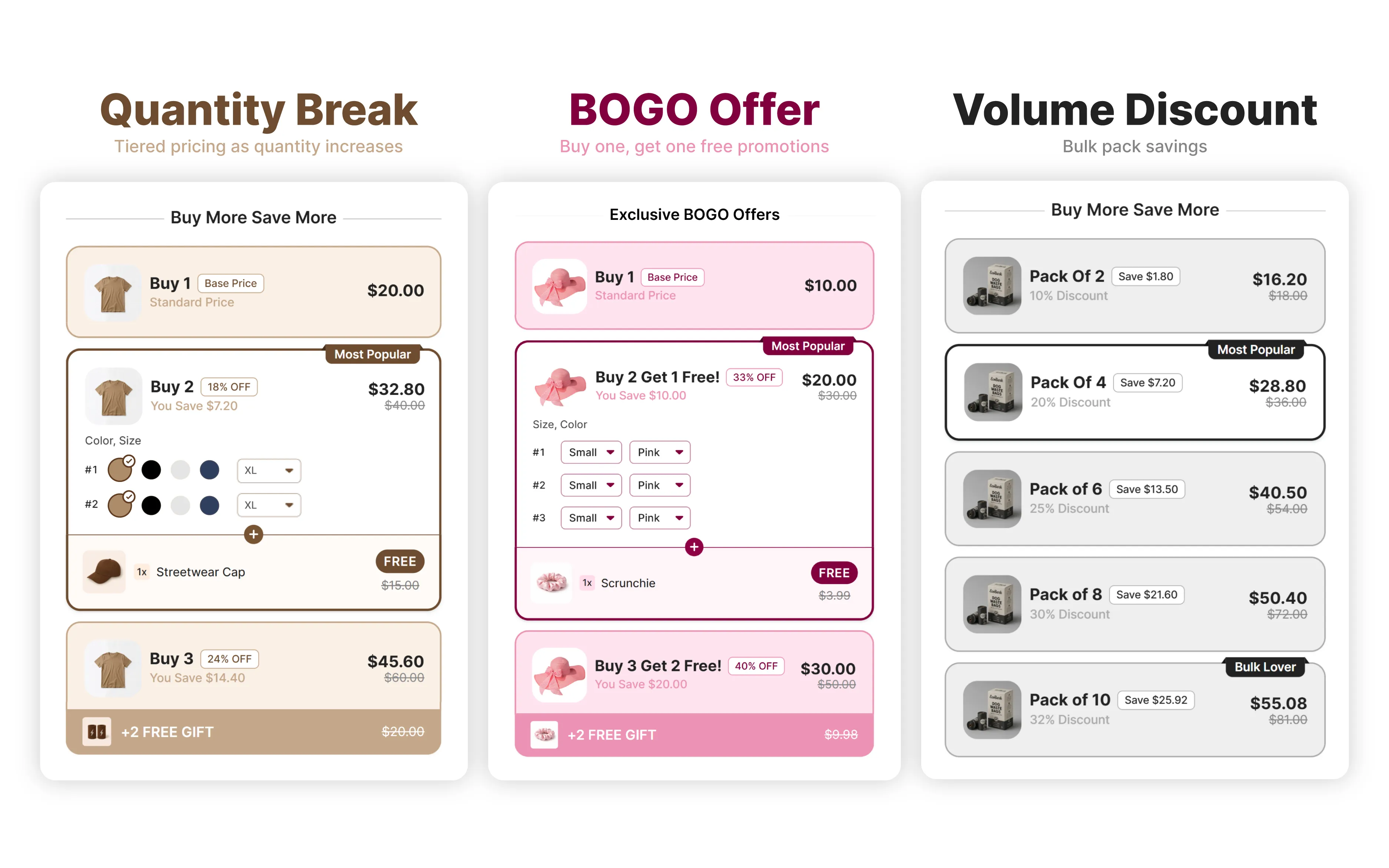Choose winning bundle theme, Buy More Save More, BOGO Offers, and Unlock Free Gifts widget themes
