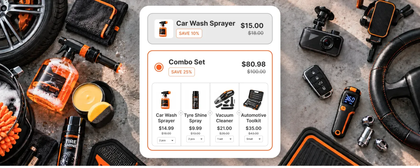 Flat lay of car care gear around a wheel, with a widget offering a car wash sprayer at $15 or a combo set of sprayer, tire shine spray, vacuum cleaner and toolkit at $80.98