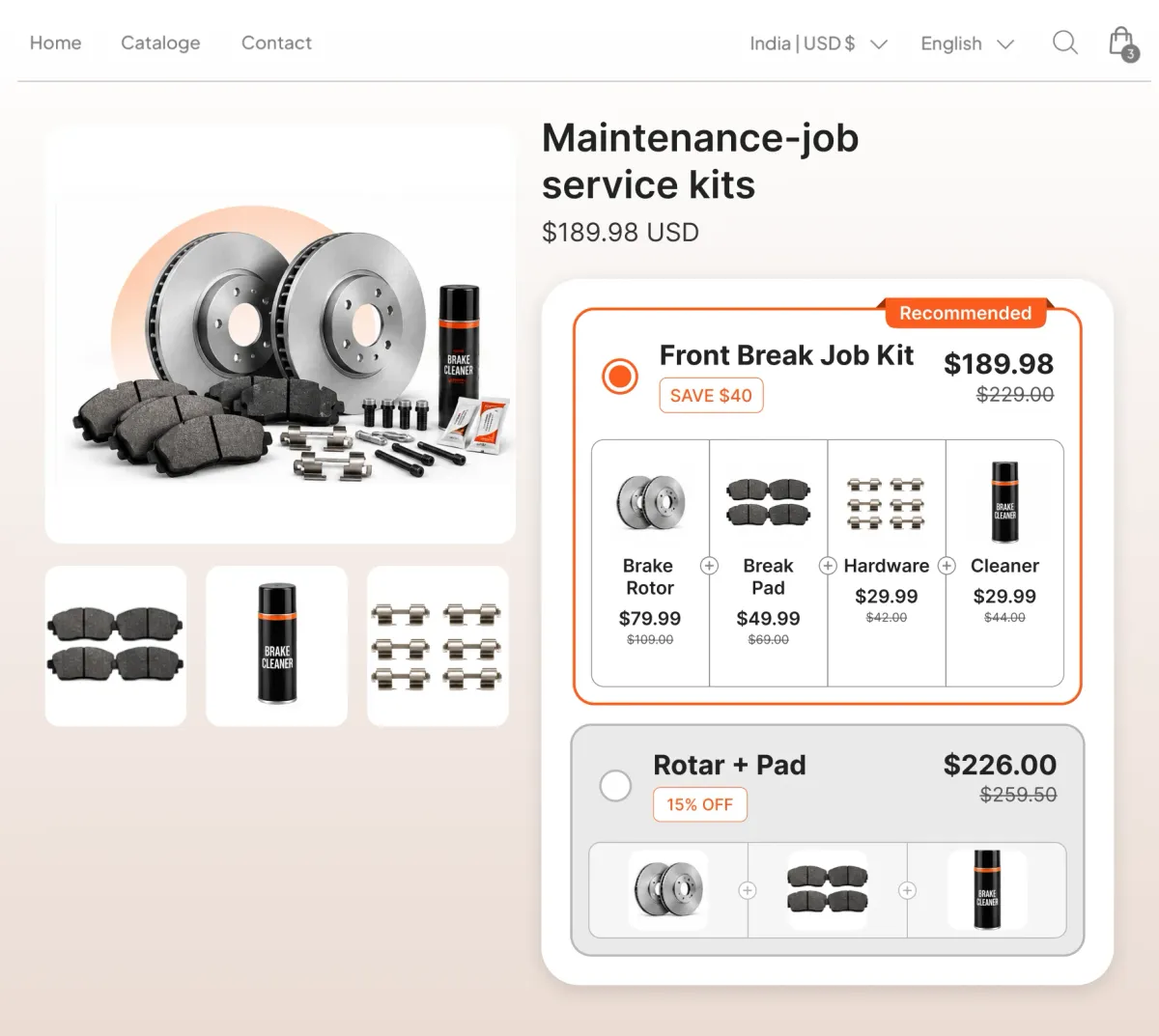 Brake job page offering a front brake kit of rotors, pads, hardware and cleaner at $189.98, or a rotor and pad set at $226