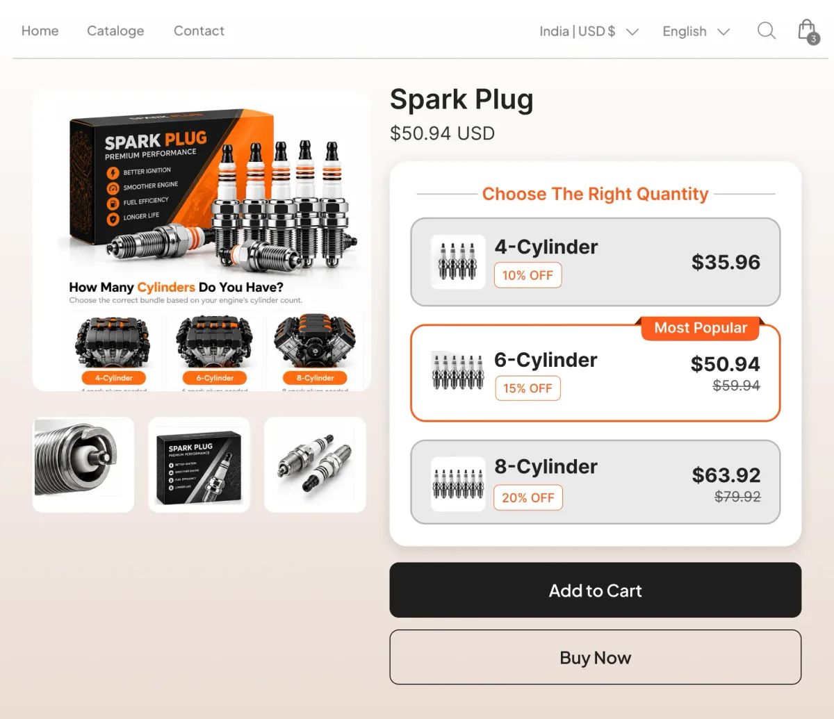 Spark plug page with tiers for 4-cylinder, 6-cylinder and 8-cylinder engines
