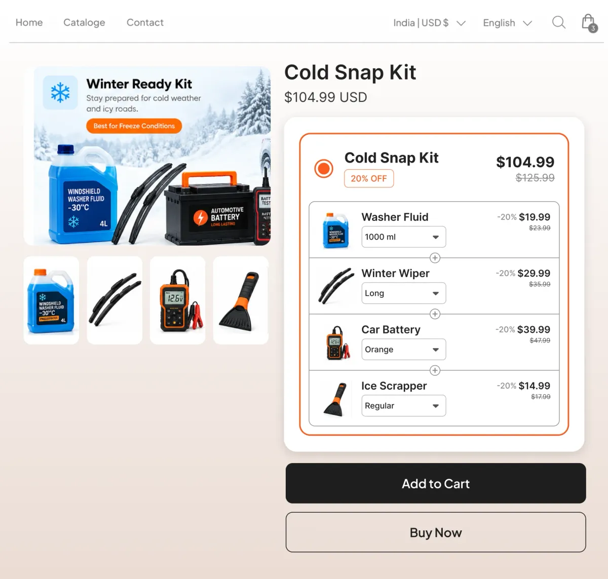 Cold Snap Kit of washer fluid, winter wipers, a battery and an ice scraper at $104.99