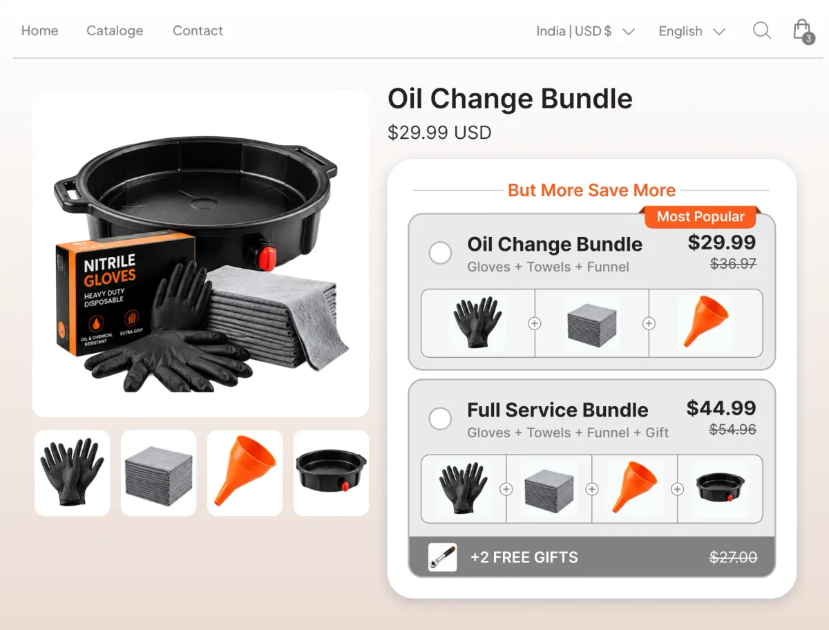 Oil change bundle of gloves, shop towels and a funnel, and a full service bundle that adds two free gifts