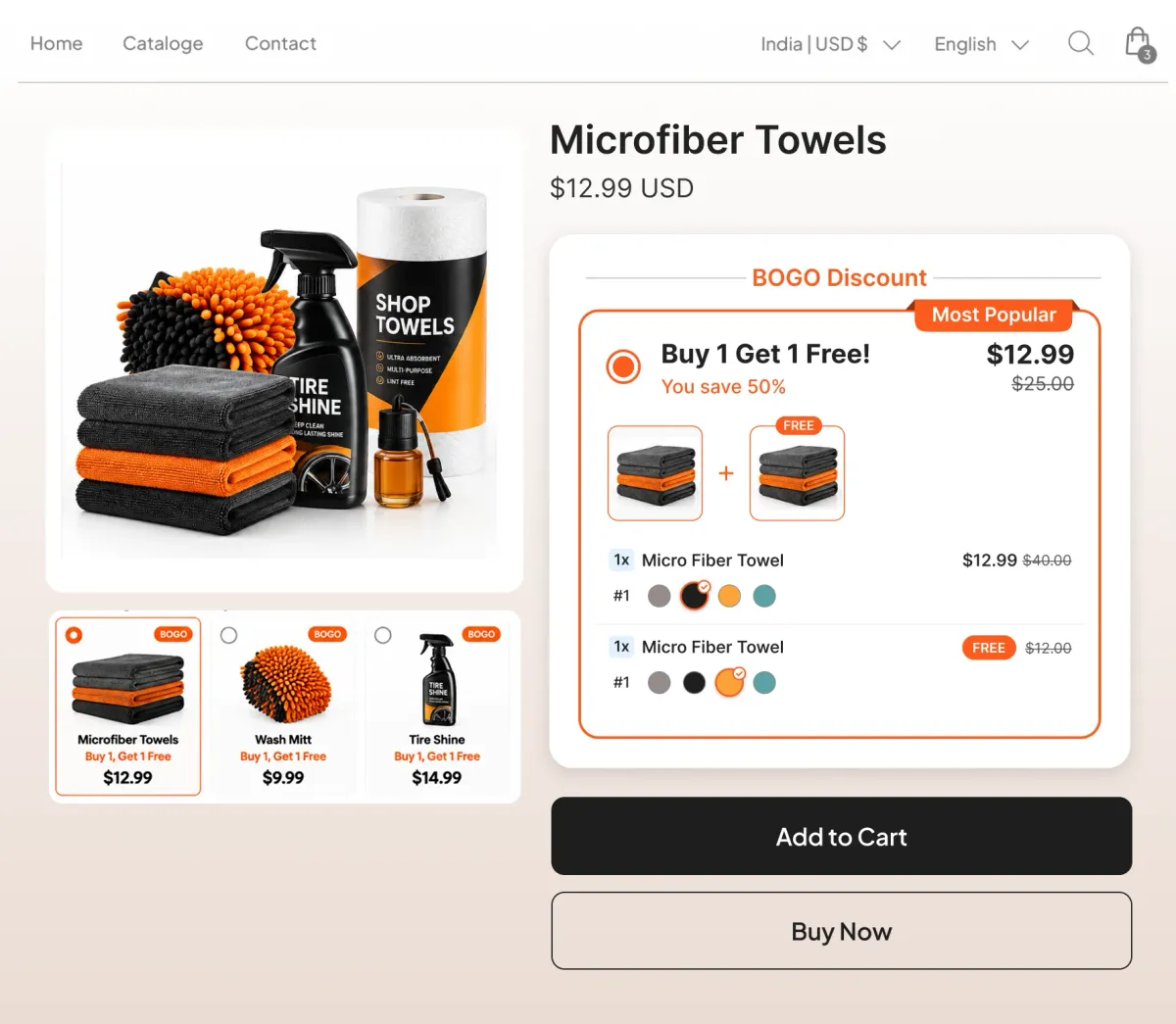 Microfiber towel page with a buy one get one free offer on universal-fit car care items