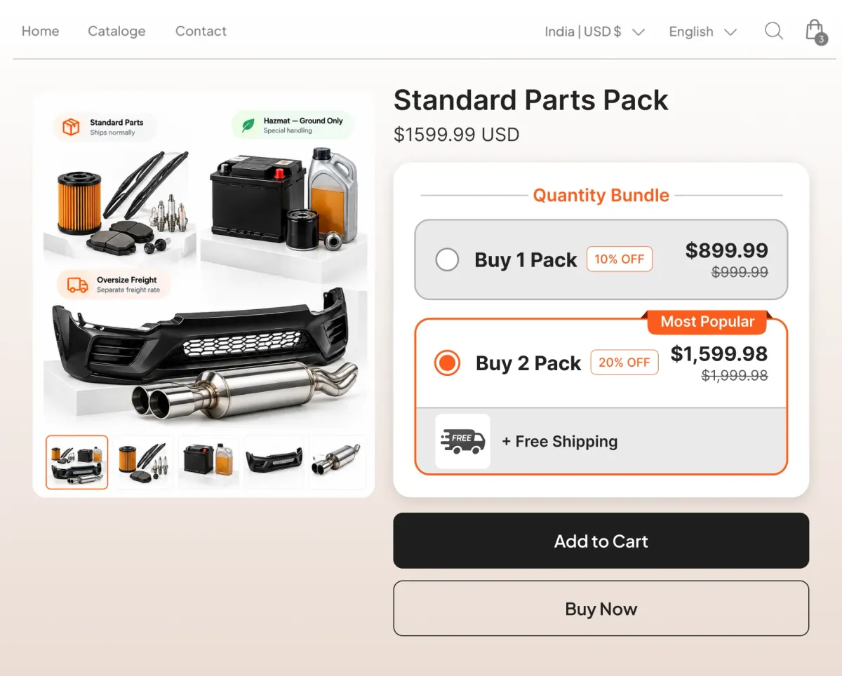 Parts pack page split into standard, hazmat ground-only and oversize freight items, with free shipping on the two-pack tier