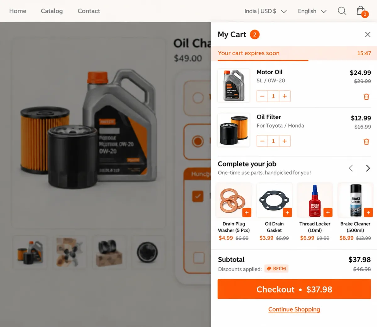 Cart drawer with motor oil and an oil filter, and a complete-your-job row offering drain plug washers, a gasket, thread locker and brake cleaner