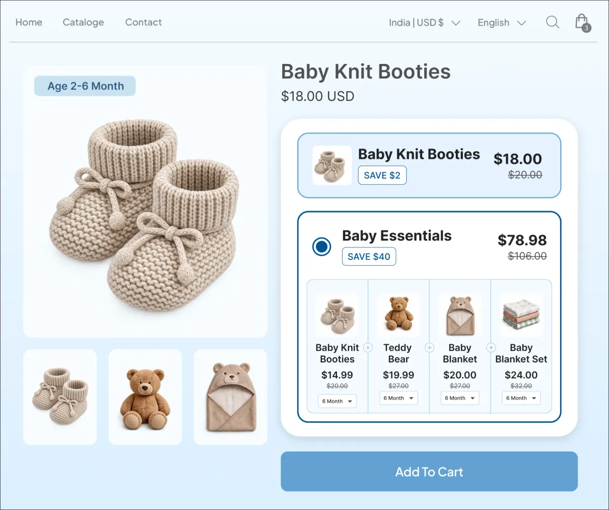 Baby Knit Booties page tagged Age 2-6 Month, offering the booties at $18 or a Baby Essentials bundle of booties, teddy bear, blanket and blanket set at $78.98, every item set to the same 6 month size