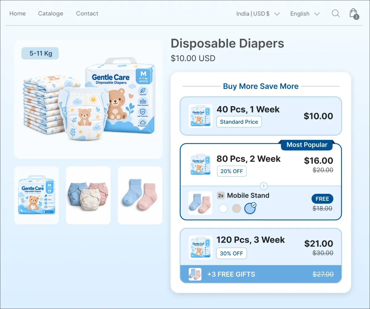 Disposable diapers page for 5-11 kg with tiers labelled 40 pieces for one week, 80 pieces for two weeks at 20% off, and 120 pieces for three weeks at 30% off with free gifts