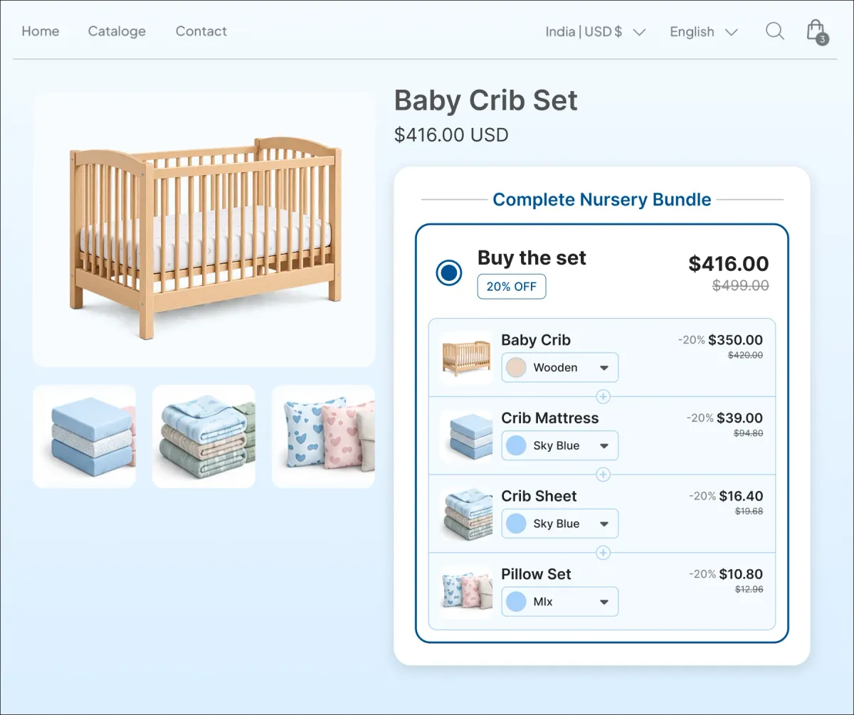 Baby Crib Set page with a Complete Nursery Bundle pairing the crib with a crib mattress, crib sheet and pillow set at 20% off, each piece sized to the same crib