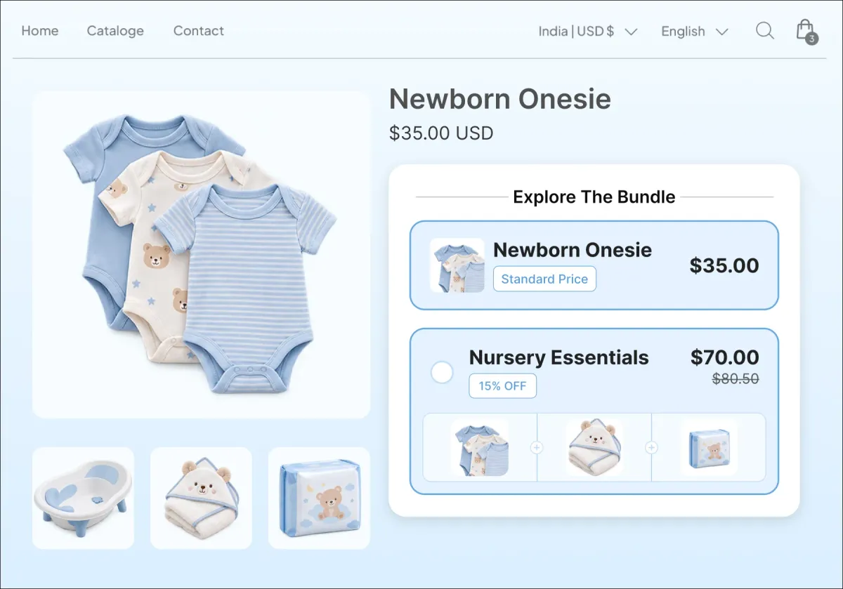 Newborn Onesie page offering the onesie at $35 or a Nursery Essentials bundle of onesie, hooded towel and diapers at $70, 15% off