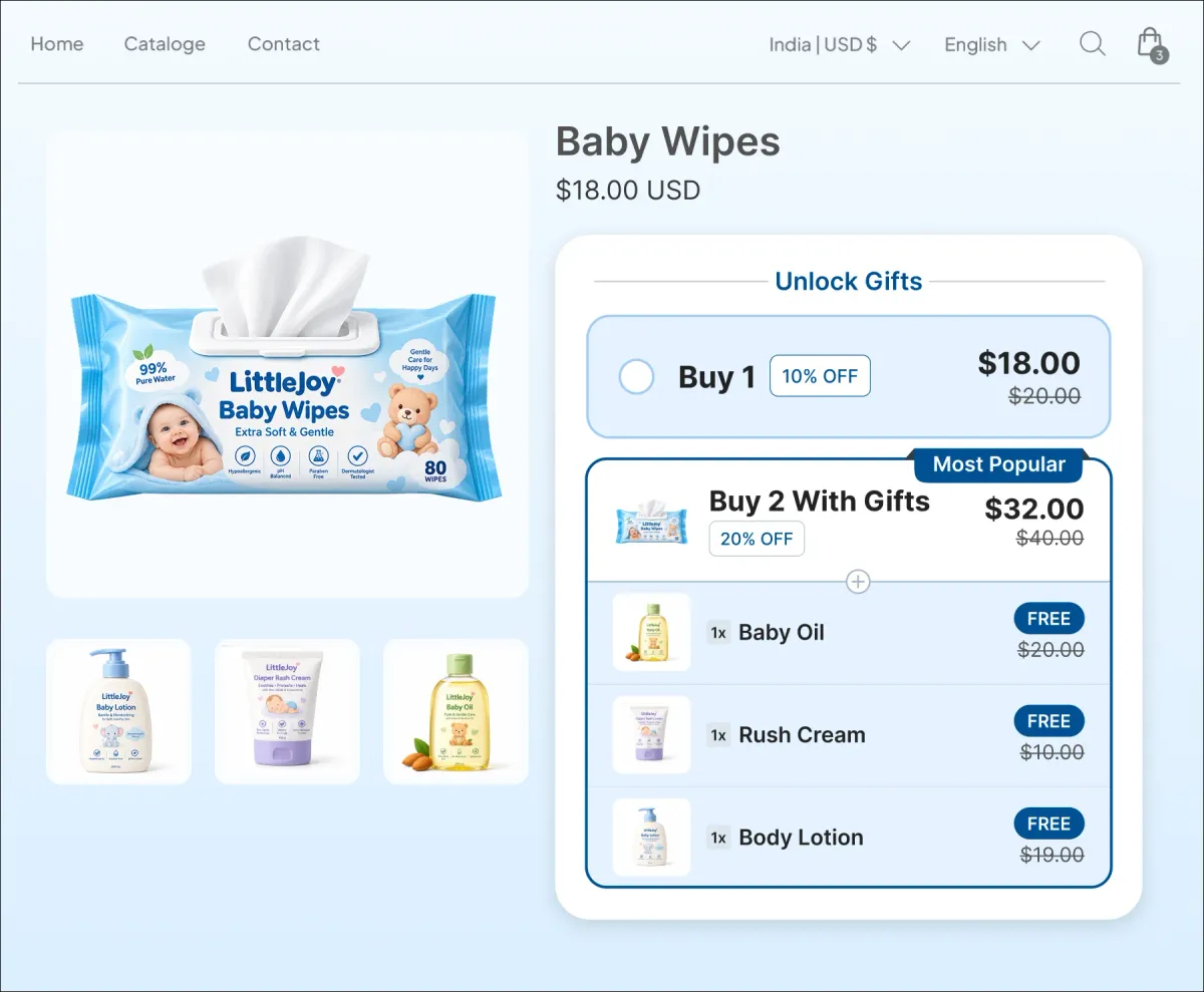 Baby Wipes page with an Unlock Gifts widget where buying two packs at 20% off adds a free baby oil, rash cream and body lotion