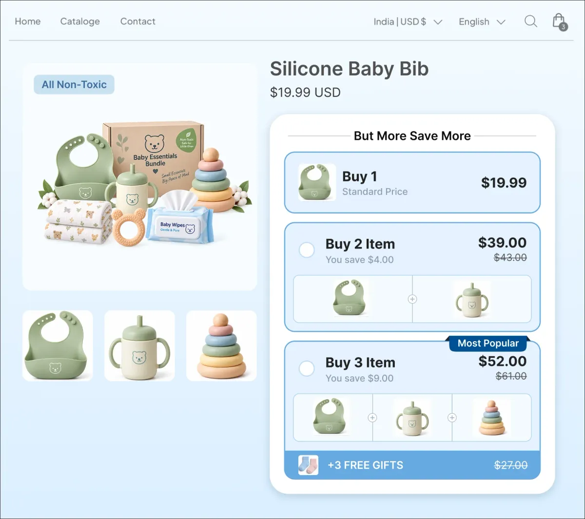 Silicone Baby Bib page carrying an All Non-Toxic badge, with quantity tiers of one, two and three items and three free gifts attached to the top tier