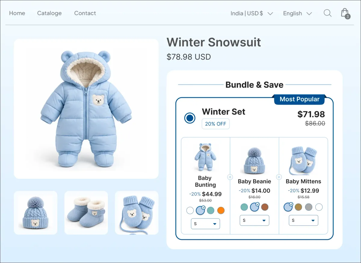 Winter Snowsuit page with a Winter Set bundling the bunting, a beanie and mittens at 20% off, with colour and size pickers on each piece