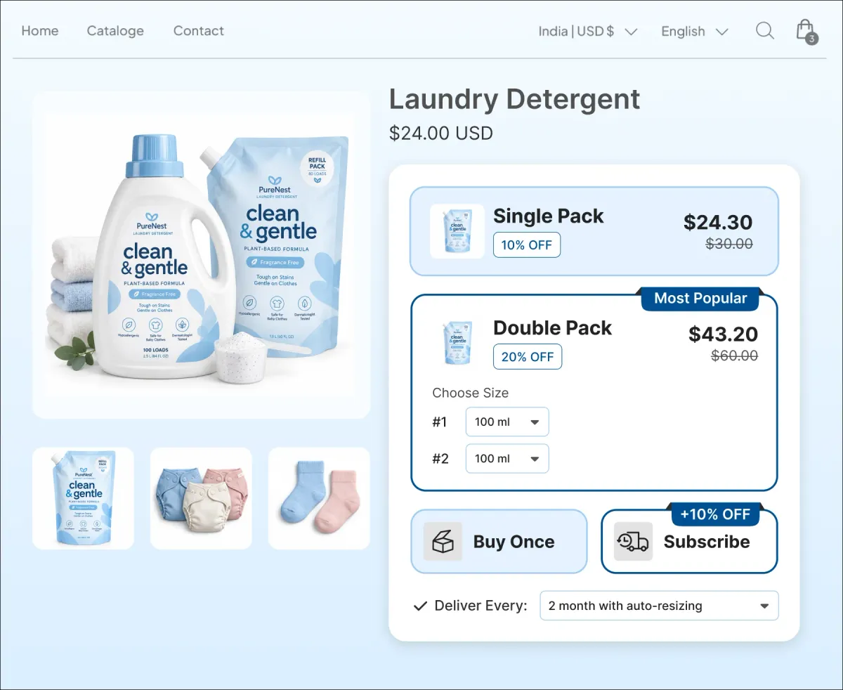 Baby laundry detergent page with single and double pack tiers, a Buy Once or Subscribe toggle at 10% off, and delivery set to every two months with auto-resizing