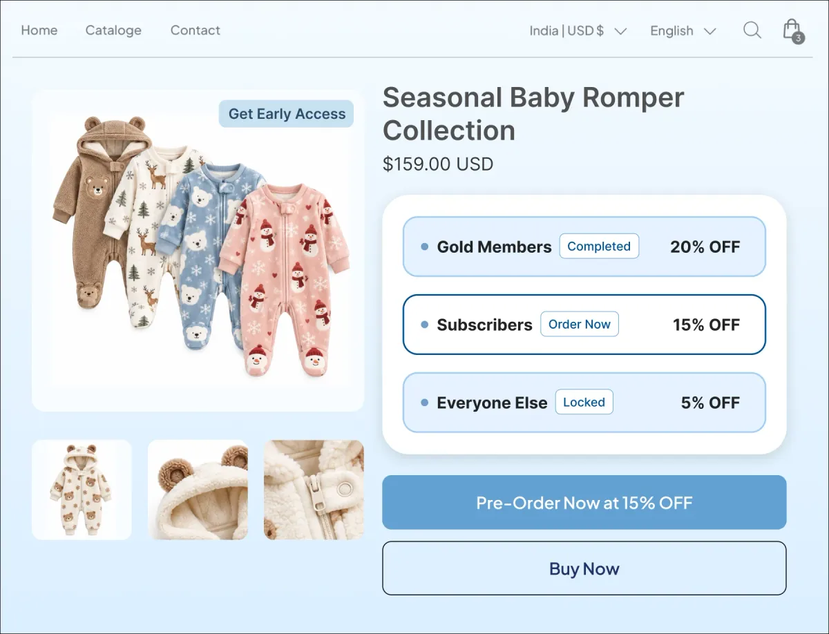 Seasonal Baby Romper Collection page with a Get Early Access badge, opening the drop at 20% off for Gold members, 15% for subscribers and 5% for everyone else