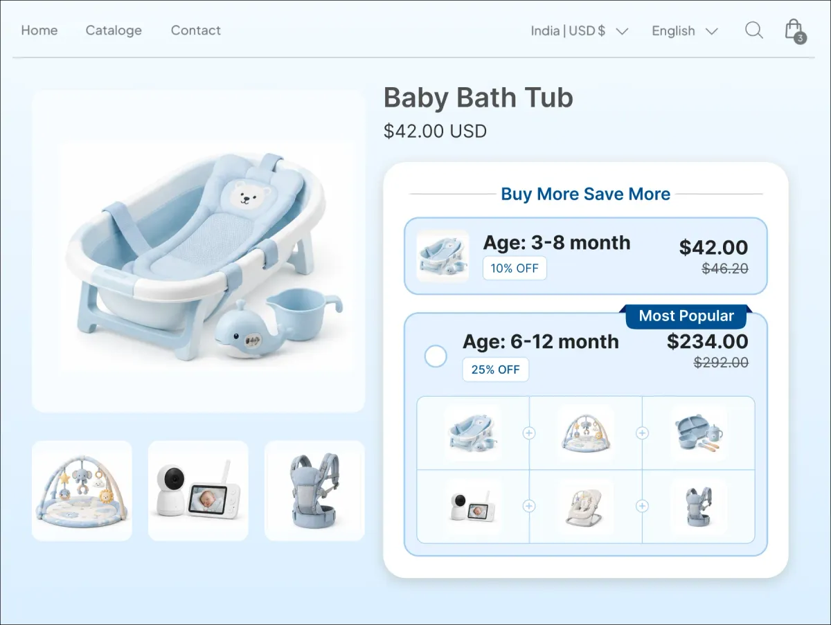 Baby Bath Tub page with age-banded tiers, 3-8 month at 10% off and a six-item 6-12 month bundle at 25% off