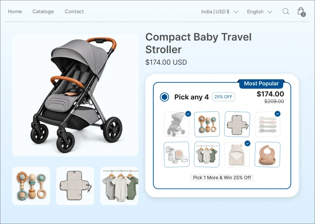 Compact Baby Travel Stroller page with a Pick any 4 mix and match panel of eight baby items at 25% off