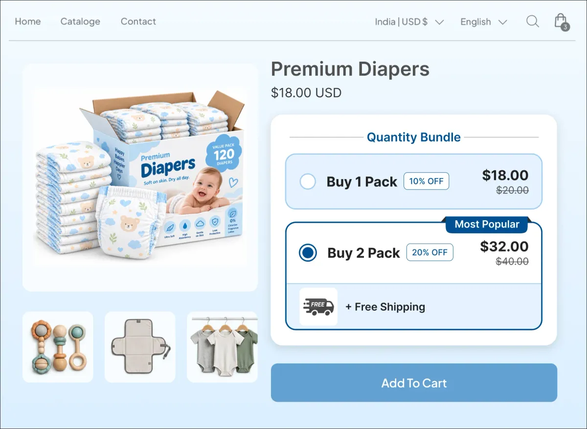 Premium Diapers page with buy one pack and buy two pack tiers, free shipping attached to the two-pack
