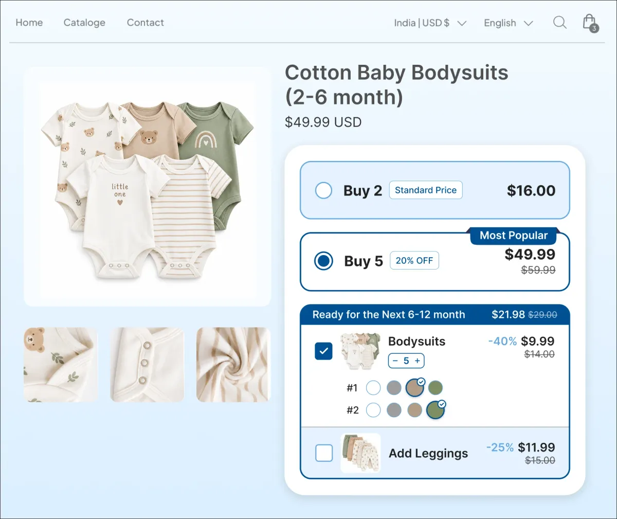 Cotton Baby Bodysuits page in 2-6 month with buy two and buy five tiers, and a Ready for the Next 6-12 month row offering bodysuits at 40% off and leggings to add