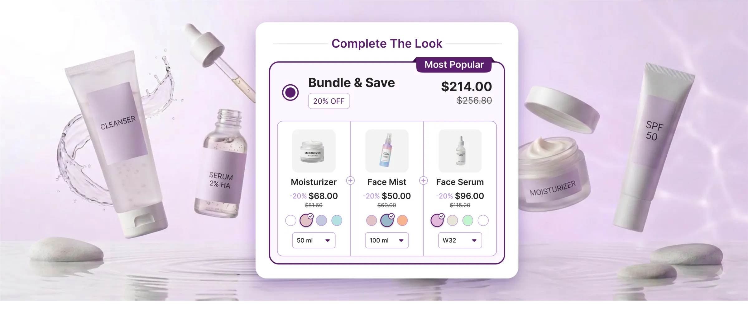 Skincare products floating around a Complete The Look widget that bundles a moisturizer, face mist and face serum at 20% off