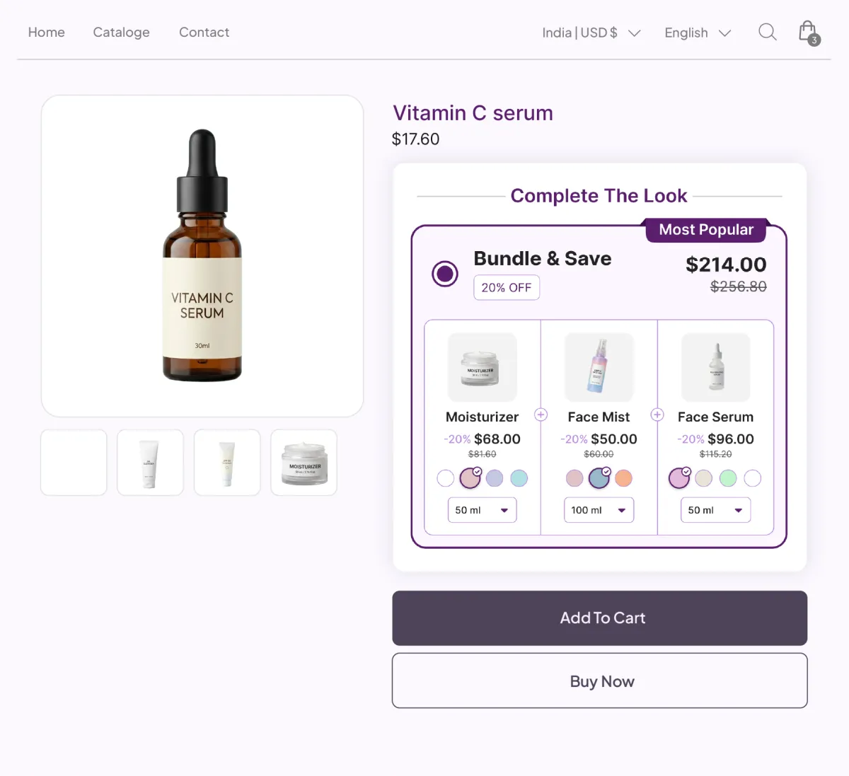 Vitamin C serum page with a Complete The Look panel bundling a moisturizer, face mist and face serum at 20% off, each with its own shade and size picker