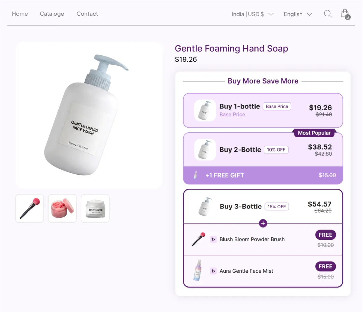 Gentle Foaming Hand Soap page where the two-bottle tier adds one free gift and the three-bottle tier unlocks a free powder brush and face mist