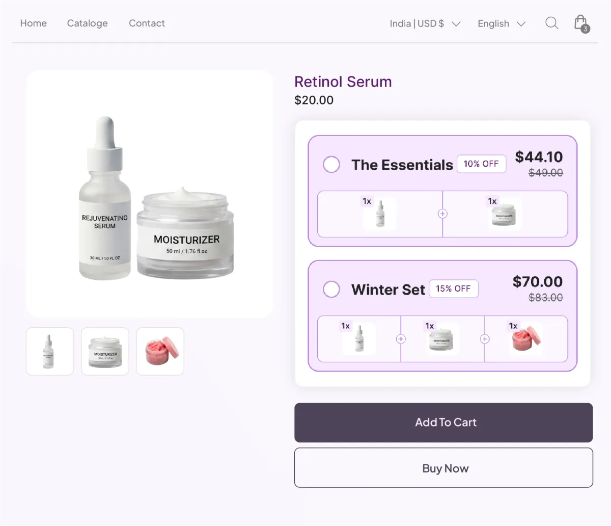 Retinol Serum page offering two seasonal sets, a two-item Essentials at 10% off and a three-item Winter Set at 15% off