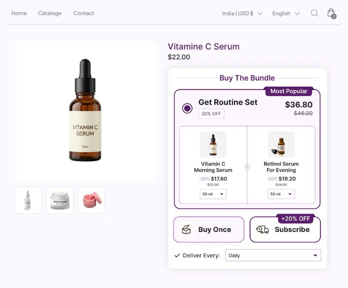 Vitamin C Serum page bundling a Vitamin C morning serum with a retinol evening serum as one routine set at 20% off