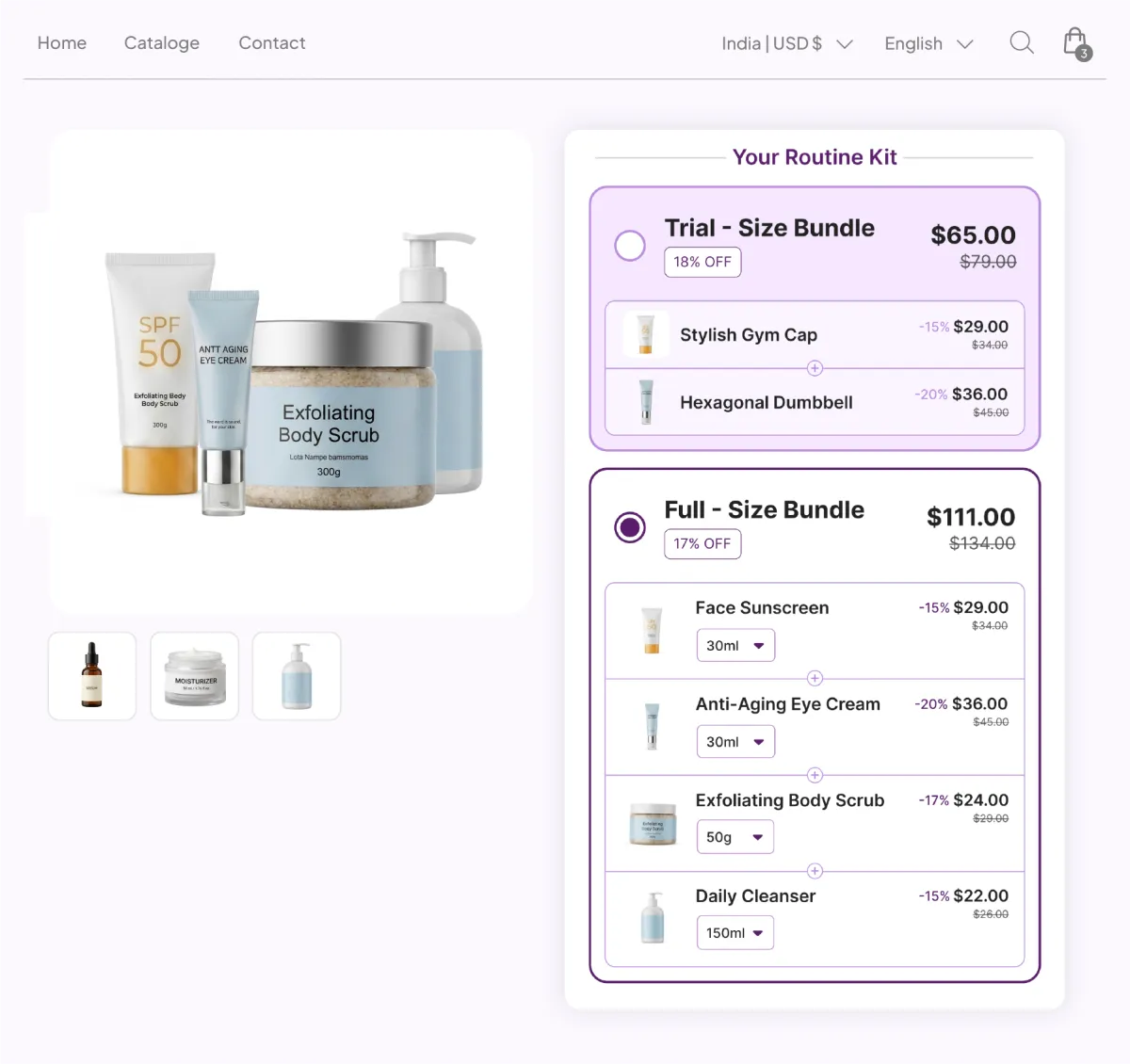 Routine kit page offering a lower-cost trial-size bundle beside the full-size one, so a first-time buyer can start on smaller quantities
