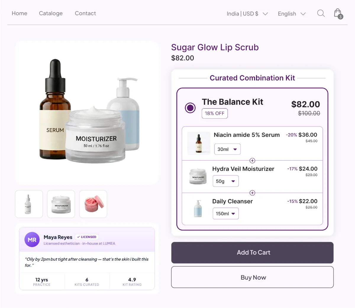 Curated Combination Kit page showing a licensed esthetician, her note on the skin type she built for, and a three-product Balance Kit at 18% off