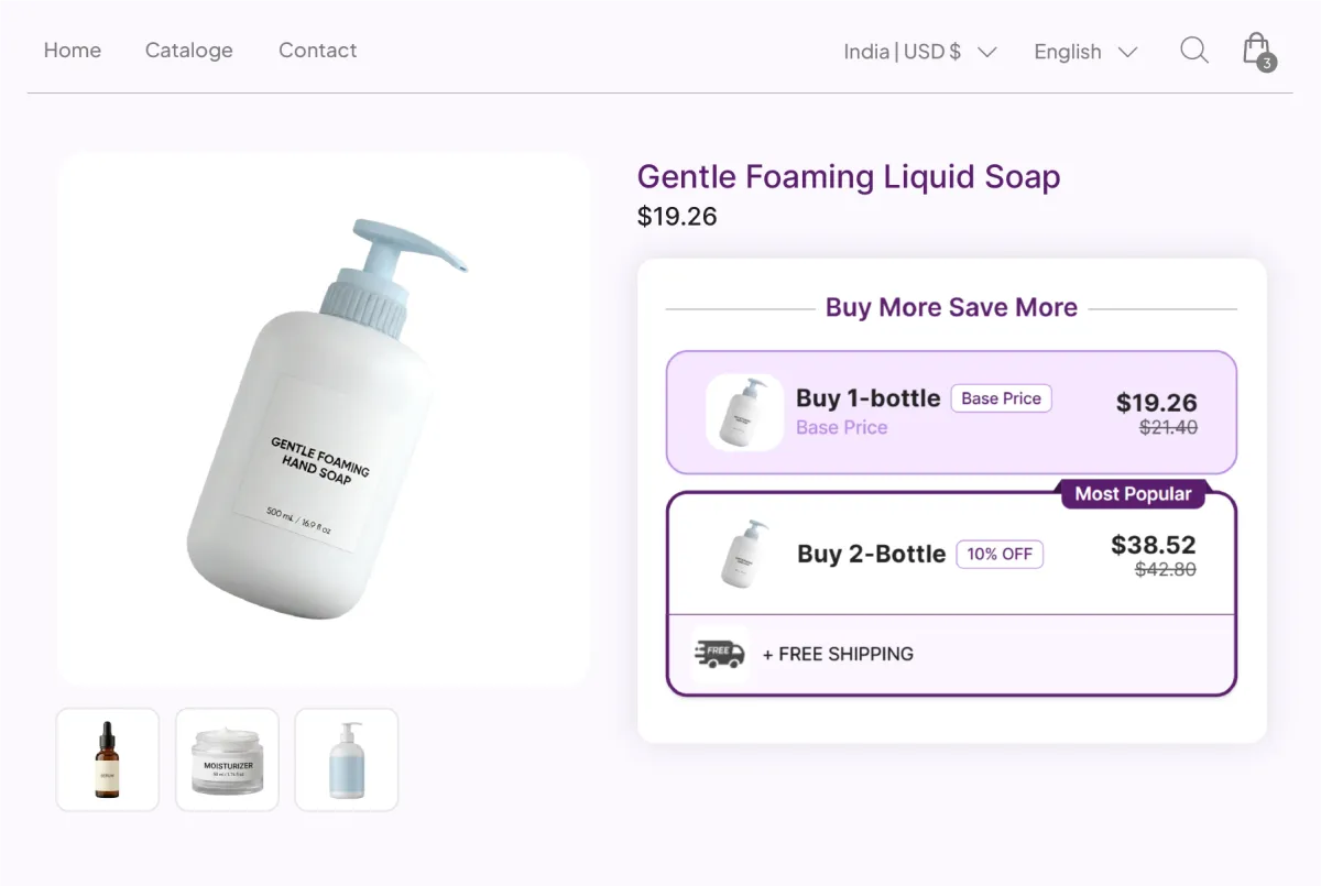 Gentle Foaming Liquid Soap page where the two-bottle tier at 10% off also unlocks free shipping, stacking both incentives on one offer