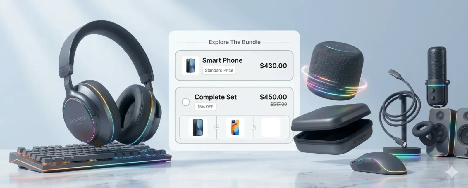 Headphones, a keyboard, a smart speaker, a microphone, a cable, a setup case, a mouse and desktop speakers arranged around an Explore The Bundle widget offering a smart phone at $430 or a Complete Set at $450, 15% off