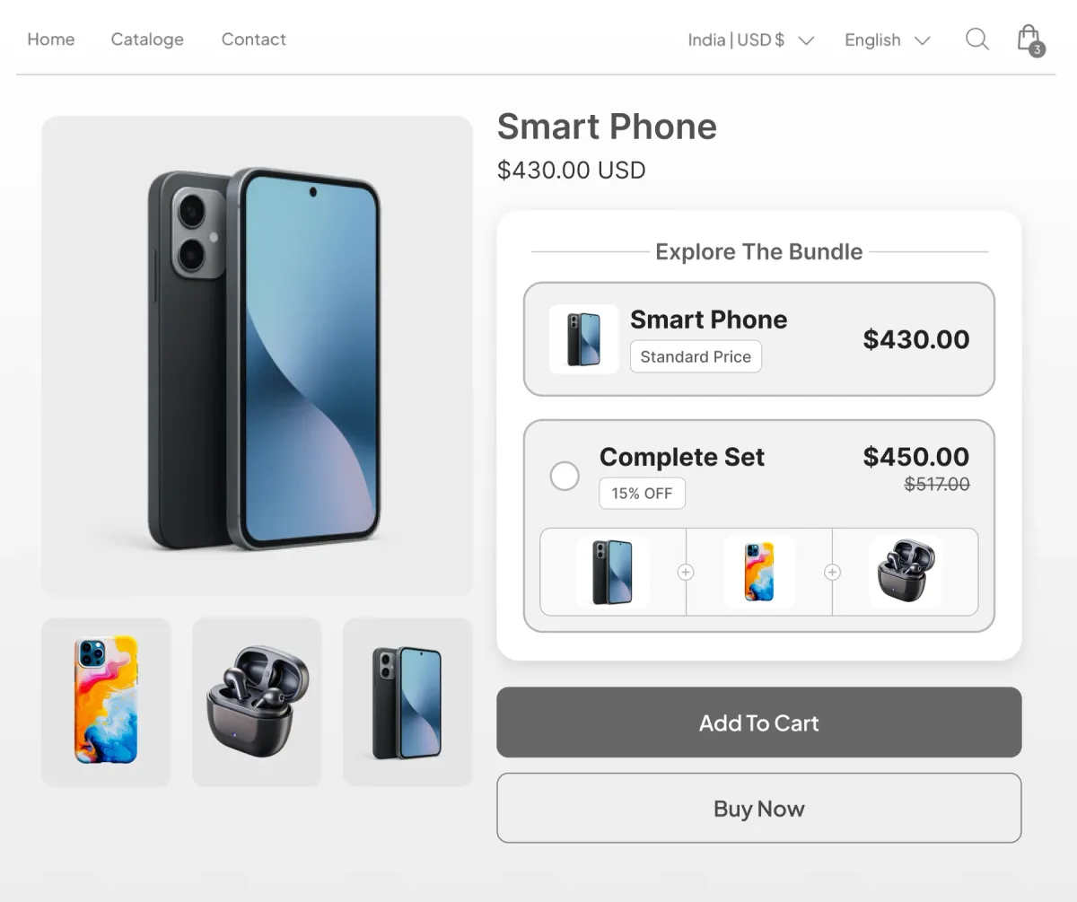 Smart phone page with an Explore The Bundle widget offering the phone alone at $430 or a Complete Set at $450 that adds a matching case and earbuds, 15% off