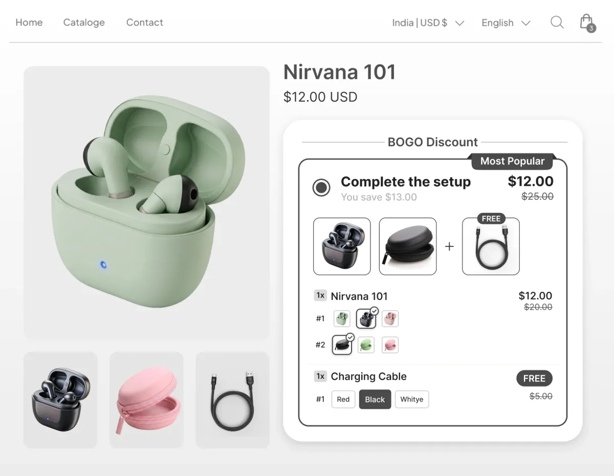 Earbuds page with a BOGO Discount widget whose Complete the setup tier pairs the earbuds with a case and adds a charging cable free, saving $13