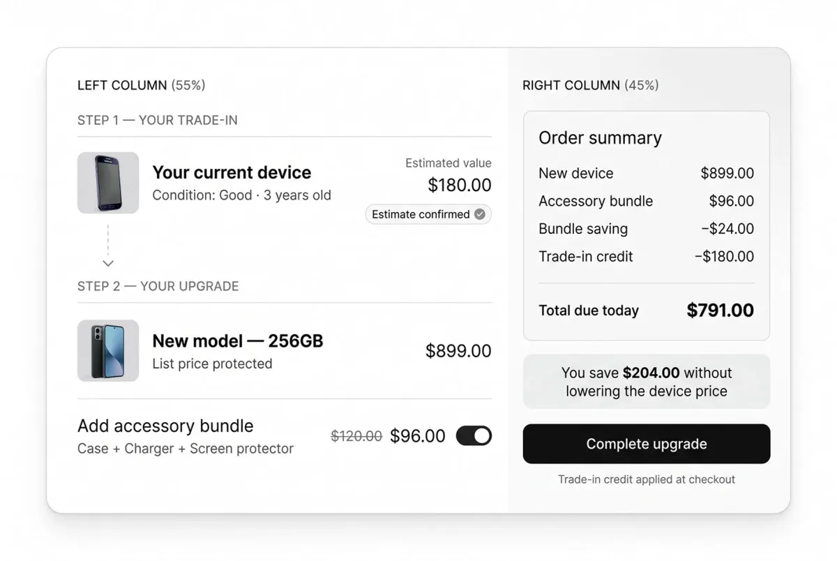 Trade-in flow crediting $180 for a three-year-old device against an $899 new model, with a $96 accessory bundle added and $204 saved without lowering the device price