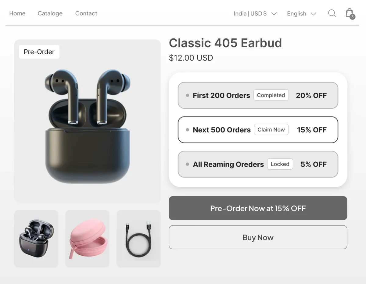 Pre-order page for an earbud where the first 200 orders tier is completed, the next 500 is claimable and the remaining orders are locked