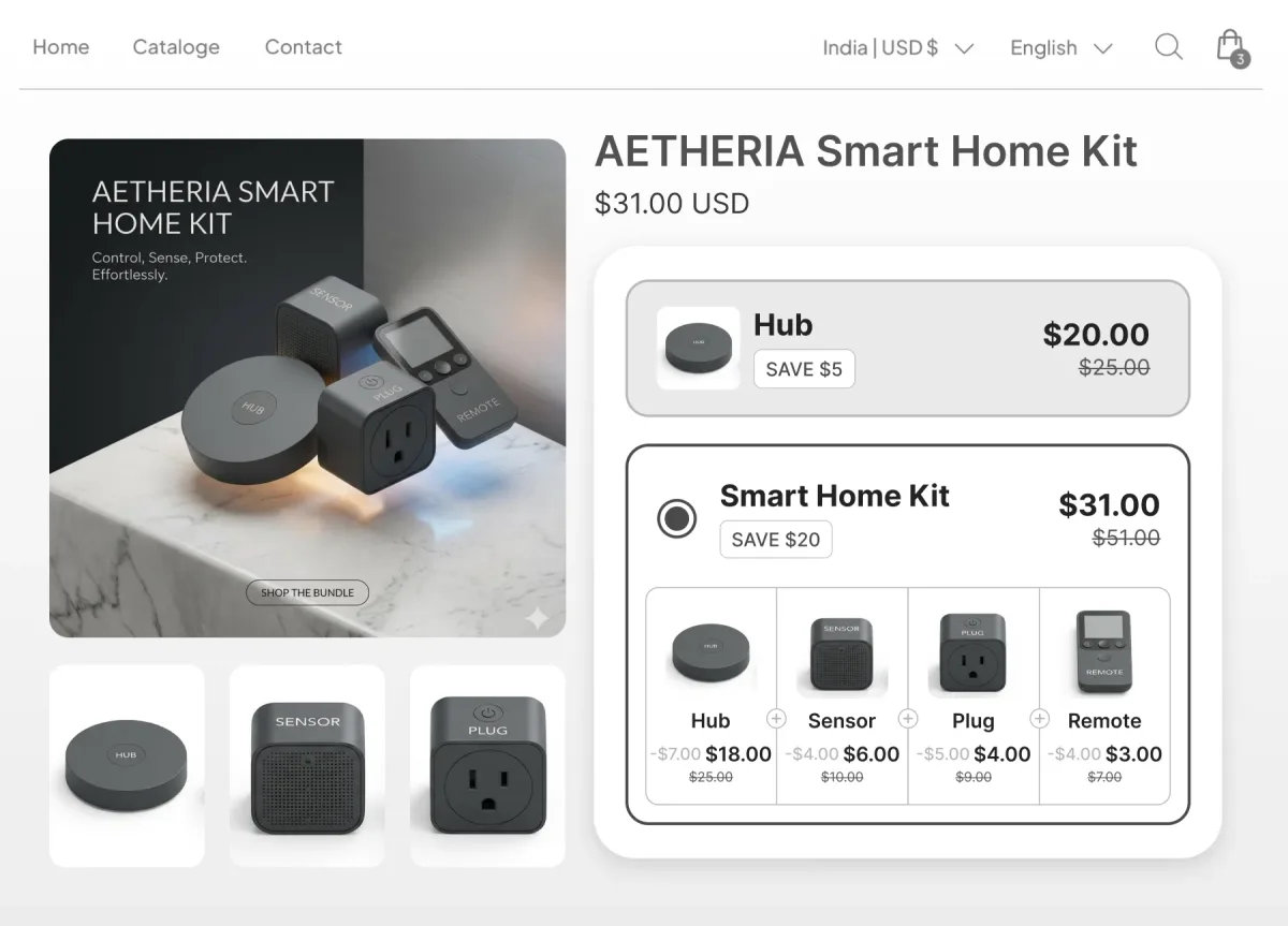 Smart Home Kit page offering the hub alone at $20 or a four-item kit of hub, sensor, plug and remote at $31, saving $20