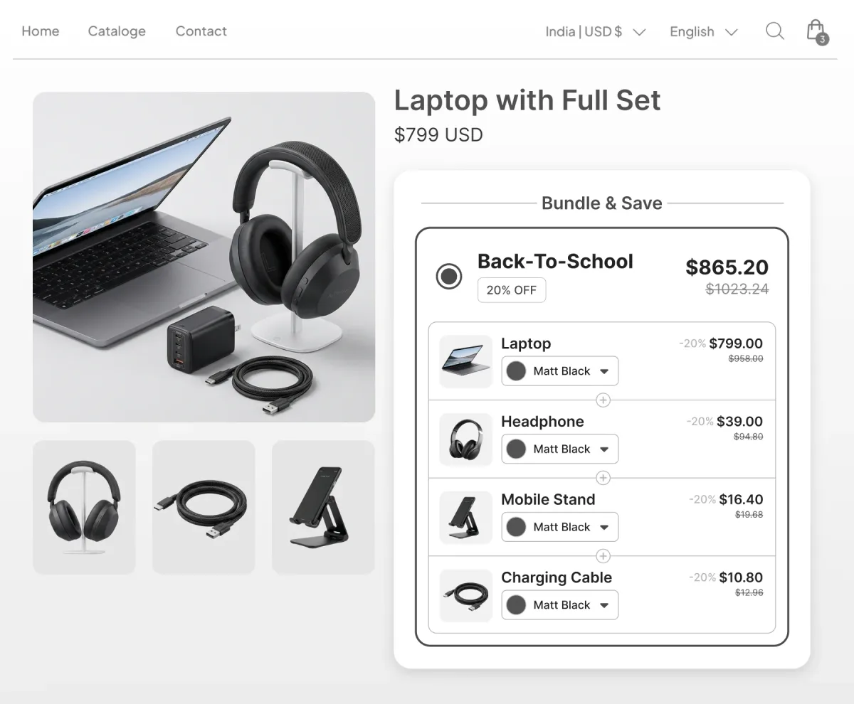Laptop page with a Bundle and Save widget grouping a laptop, headphones, mobile stand and charging cable into a Back-To-School set at 20% off