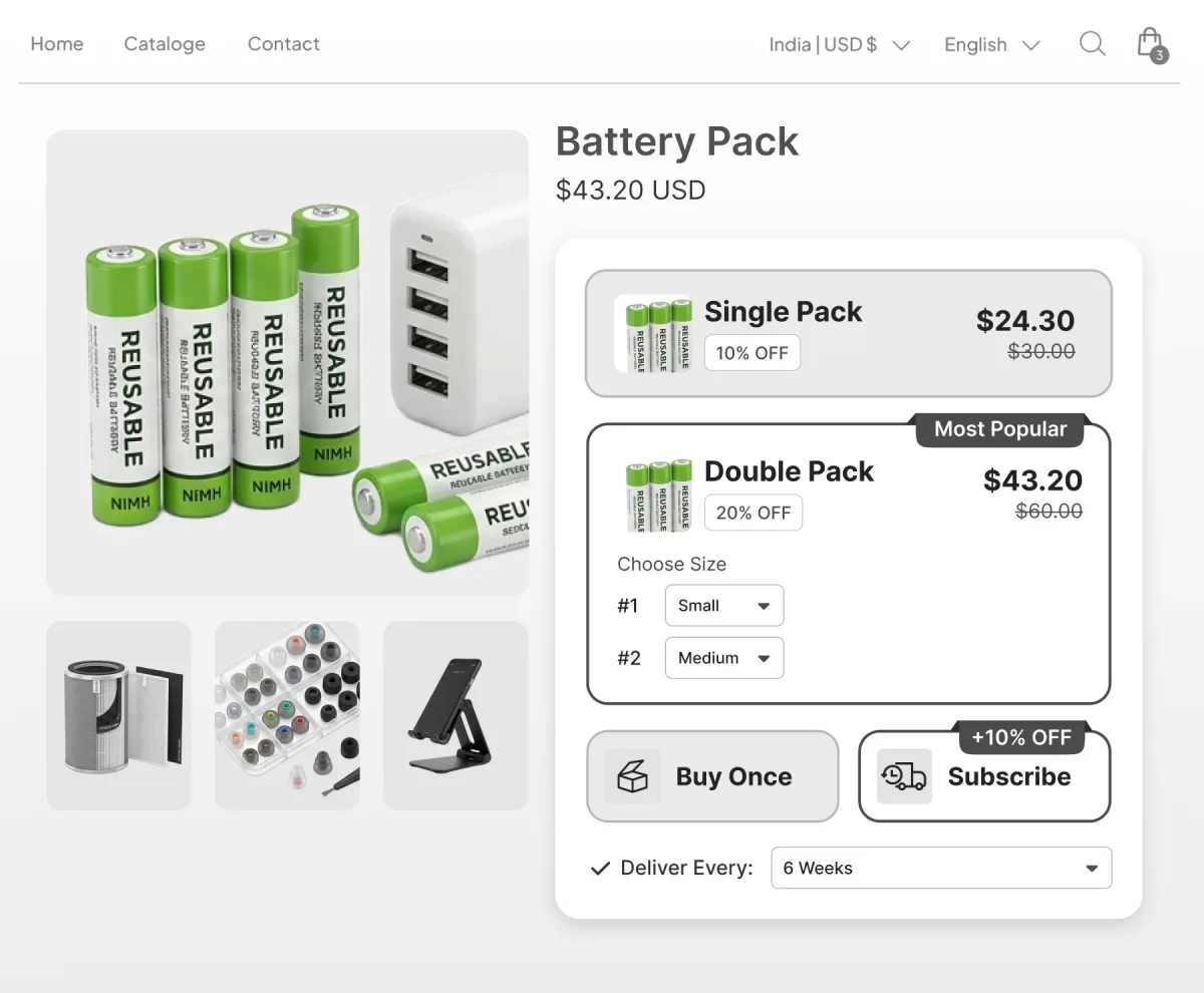Battery pack page with single and double pack tiers and a Buy Once or Subscribe toggle, the subscription adding 10% off on a six-week delivery cadence