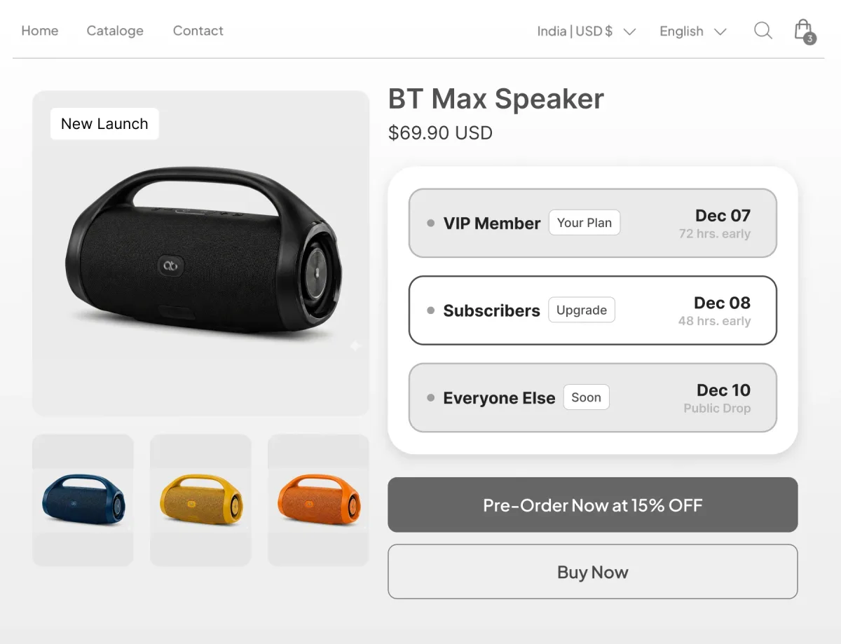 Speaker launch page opening the drop to VIP members on December 7, subscribers on December 8 and everyone else on December 10