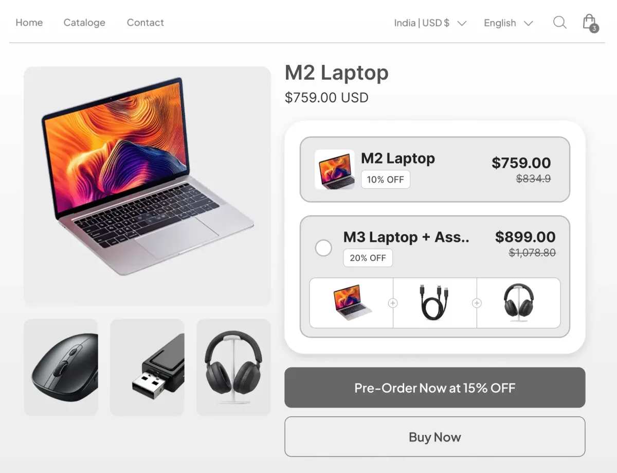 Previous-generation laptop page offering the older model on its own or the new model bundled with a cable and headphones at a combined price