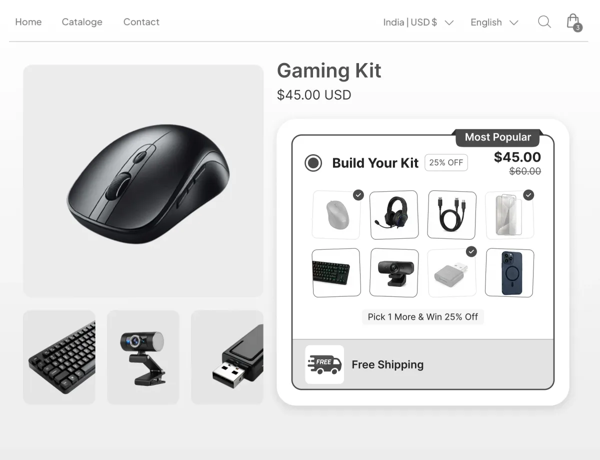 Gaming Kit page with a Build Your Kit panel where four of eight compatible accessories are chosen at 25% off, with free shipping attached