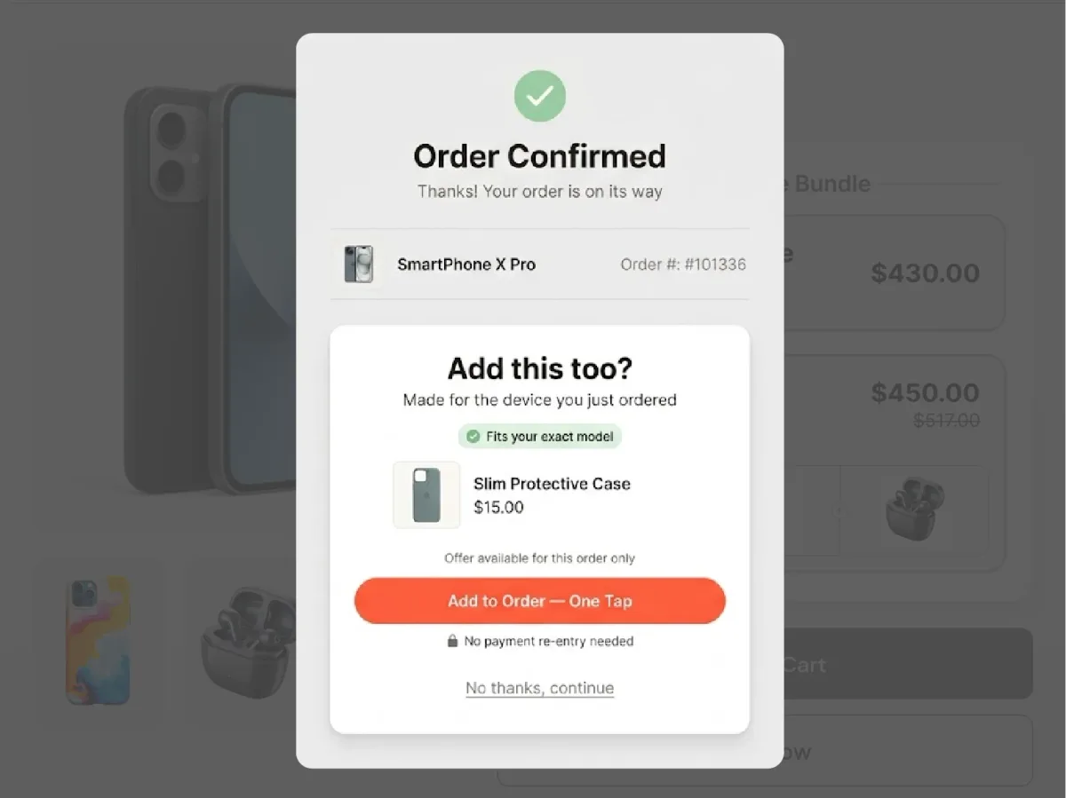 Order confirmation screen offering a slim protective case verified to fit the device just ordered, addable in one tap with no payment re-entry