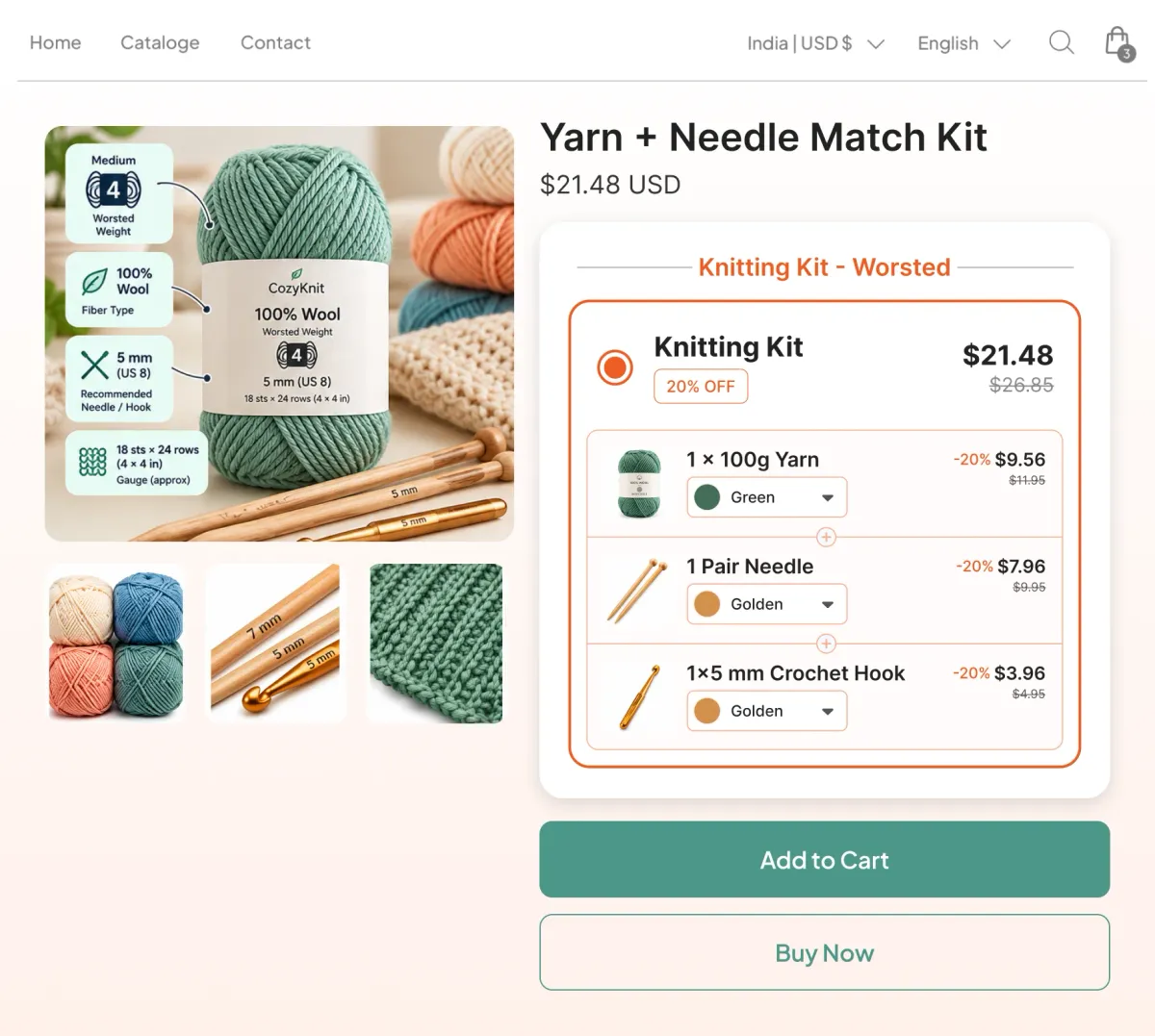 Yarn and needle match kit pairing a worsted wool with matching needles and a crochet hook