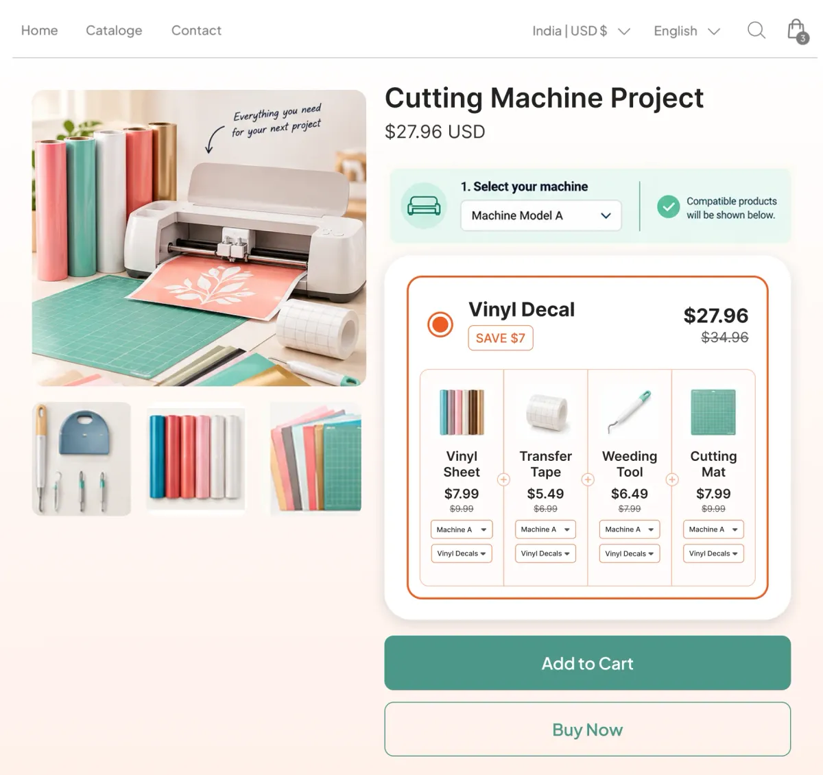 Cutting machine project page with a machine selector and a vinyl decal bundle of vinyl, transfer tape, weeding tool and cutting mat