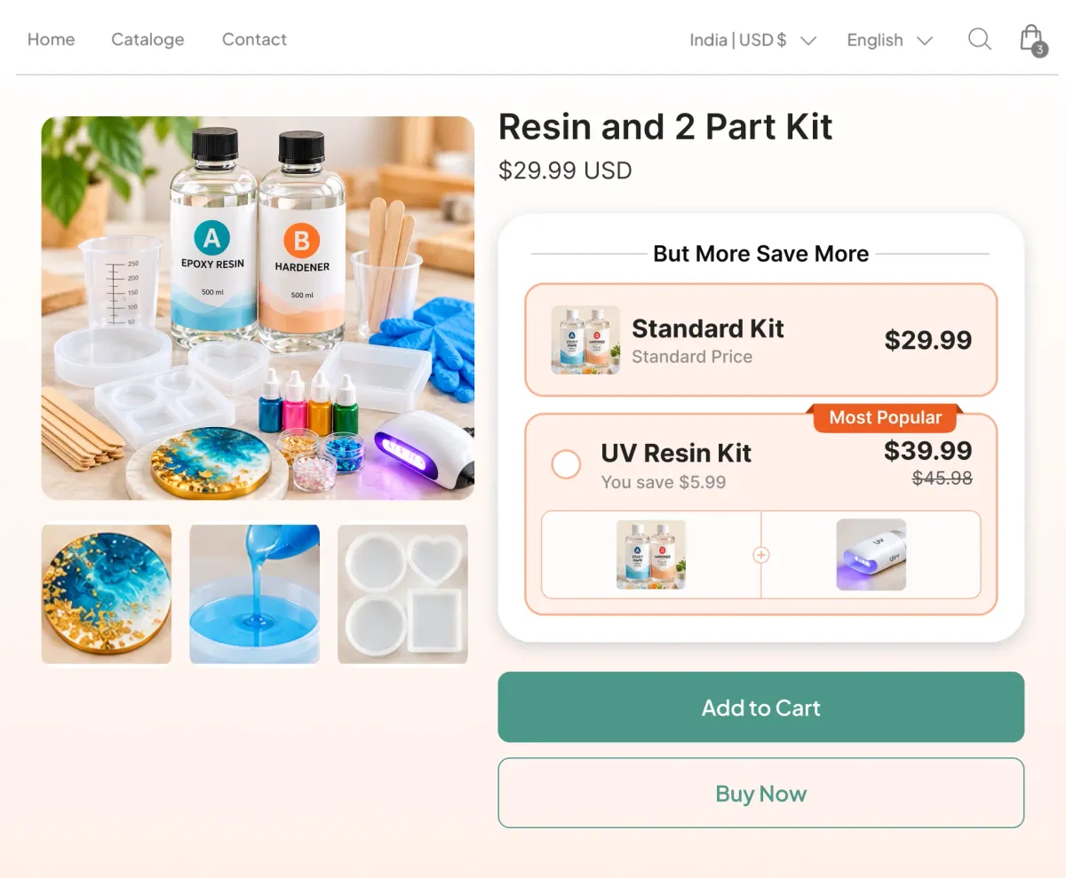 Resin and two-part kit page offering a standard kit or a UV resin kit, with molds, pigments and measuring tools