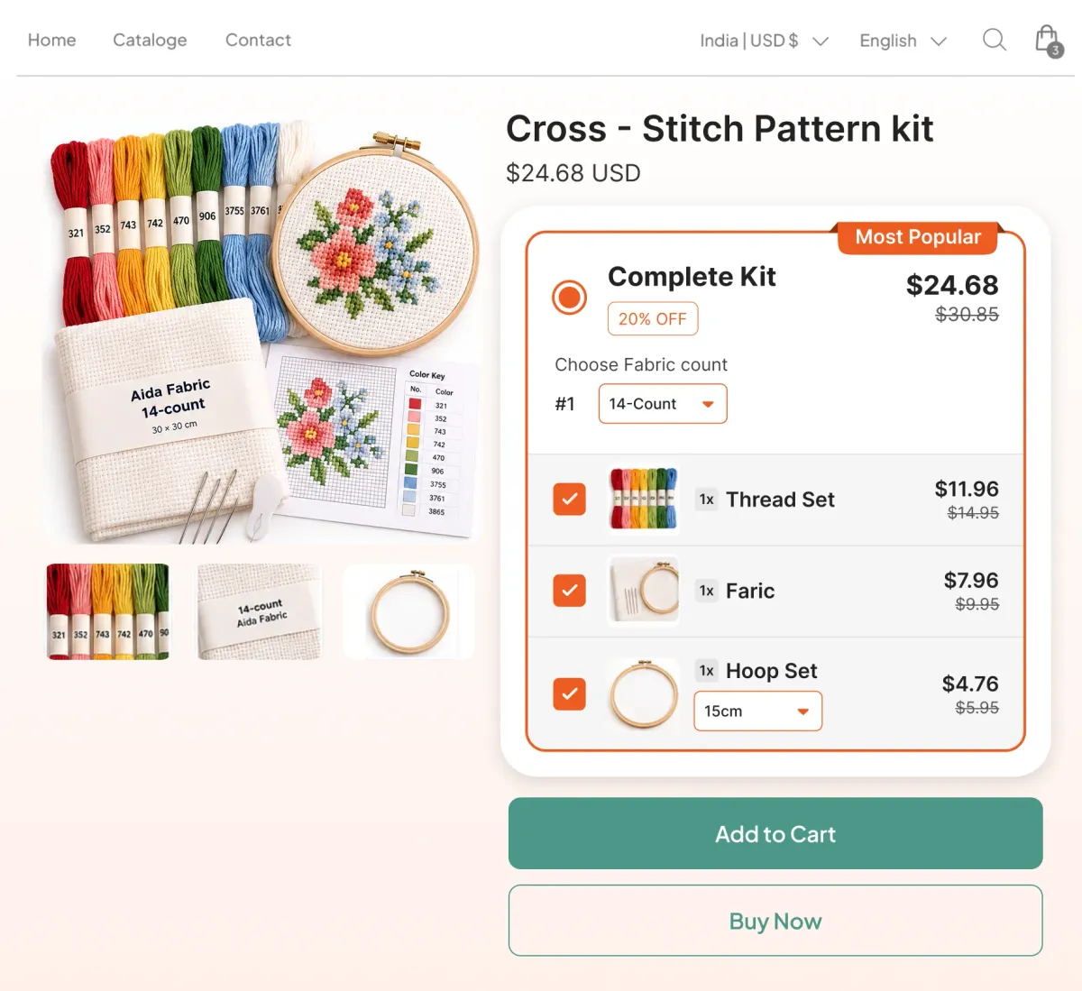 Cross-stitch pattern kit with a 14-count fabric choice, a thread set, fabric and a hoop set