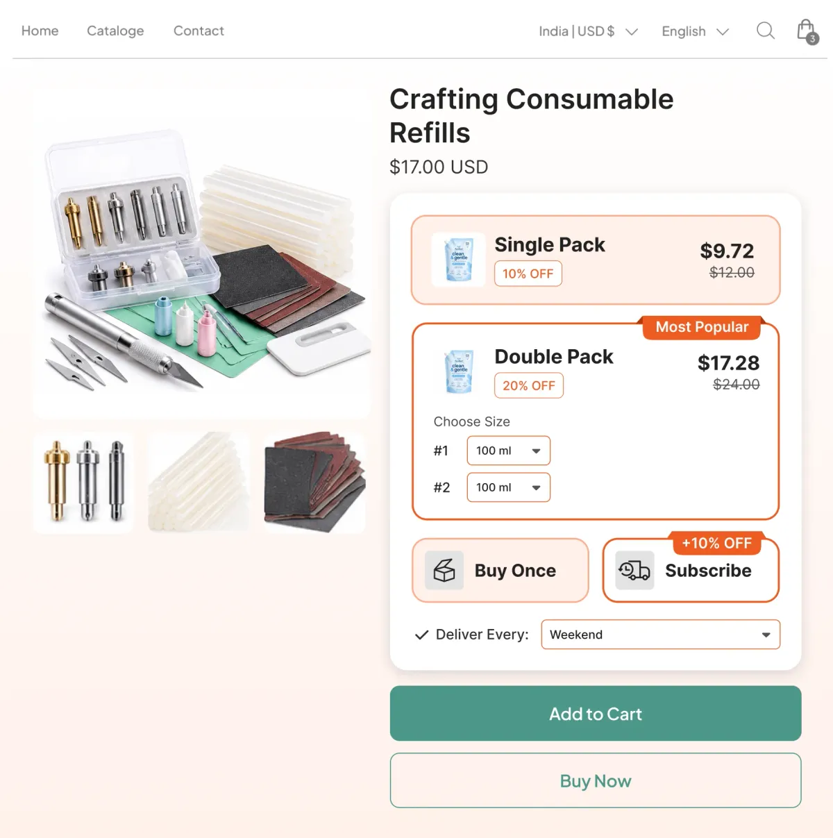 Crafting consumable refills of blades, glue sticks and sandpaper, with a Subscribe option on a weekend-maker cadence