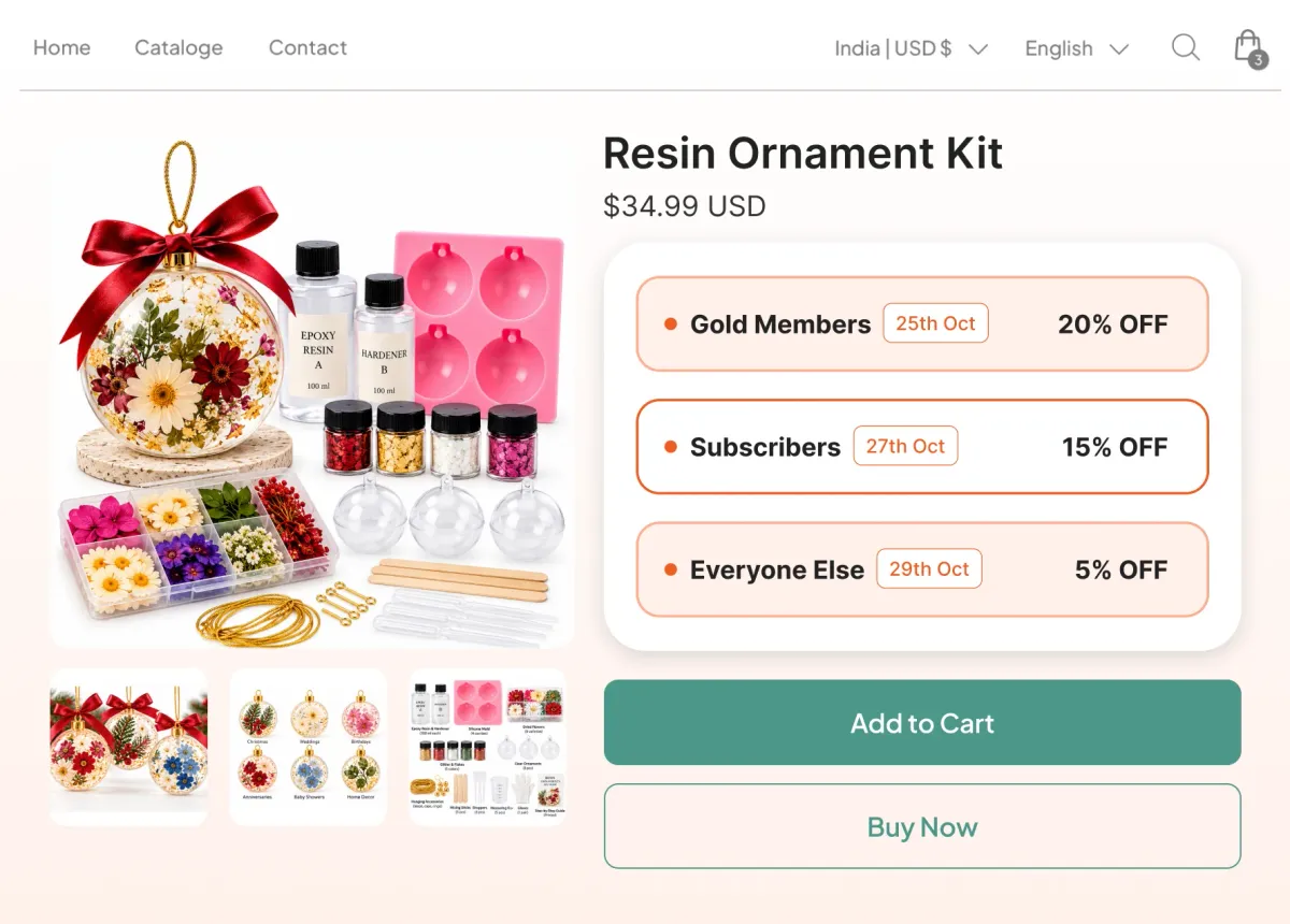 Holiday resin ornament kit with dated release windows for gold members, subscribers and everyone else