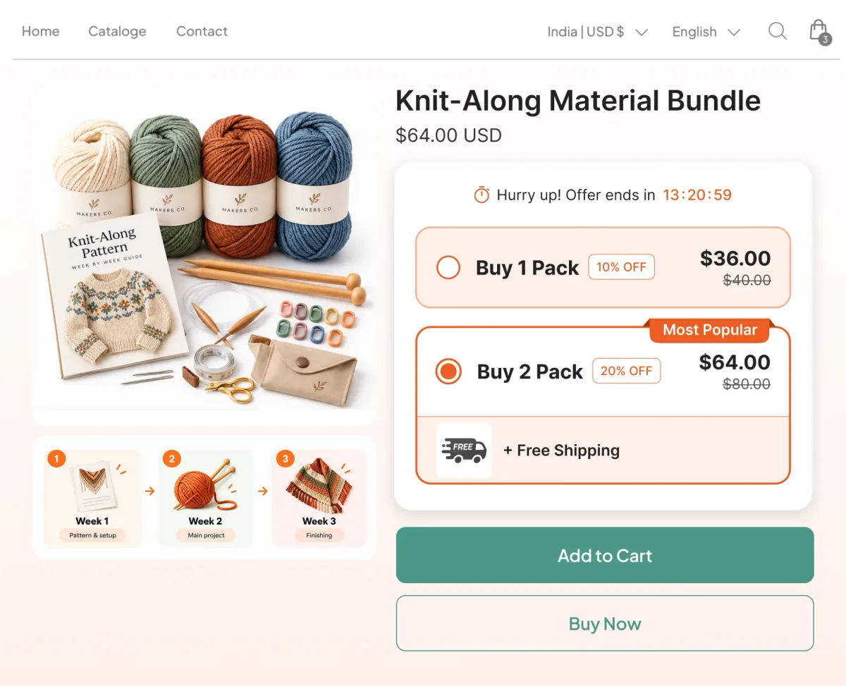 Knit-along material bundle with a three-week pattern schedule, offering one pack or two